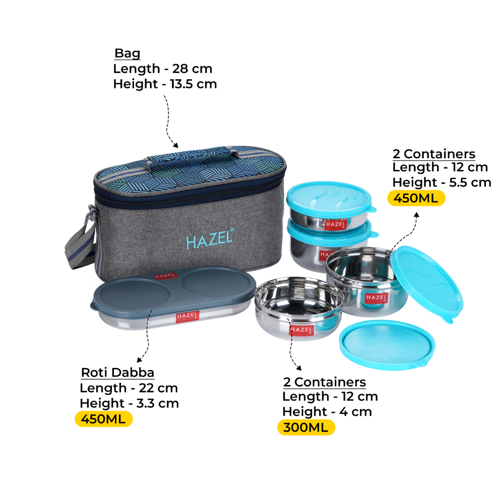 HAZEL Lunch Box for Office Men & Women with Lunch Bag | Tiffin Set of 5 Air Tight Steel Box (2 Pc - 450 ML, 2 Pc -300 ML and 1 Roti Chapati Conatiner) Lunch Box Bag
