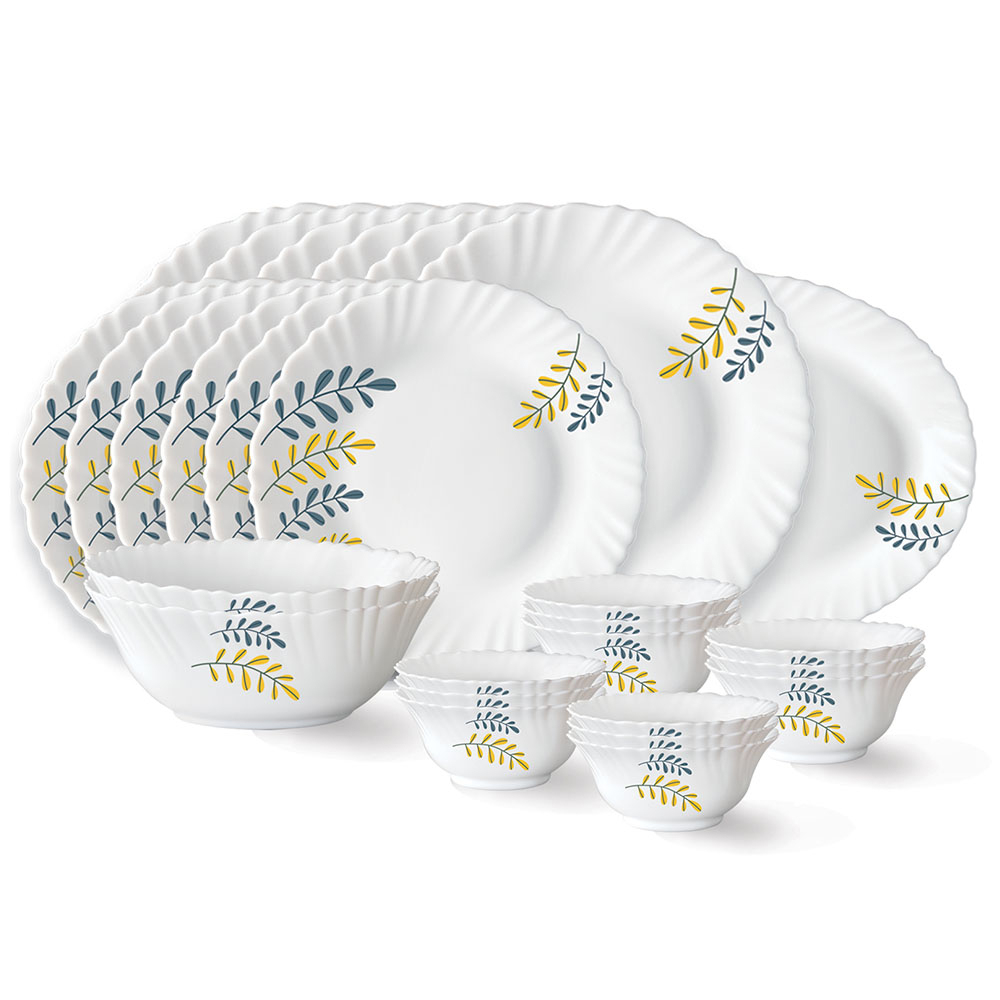 Larah by Borosil Niva Fluted Series Opalware Dinner Set | 27 Pieces for Family of 6 | Microwave & Dishwasher Safe | Bone-Ash Free | Crockery Set for Dining & Gifting | Plates & Bowls | White