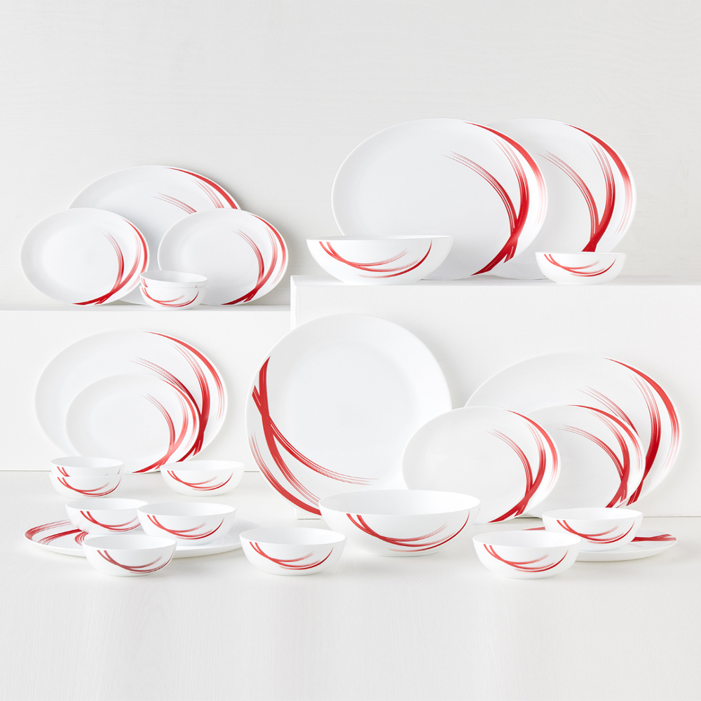Larah by Borosil - Moon Series, Red Stella 27 Pieces Opalware Dinner Set, White