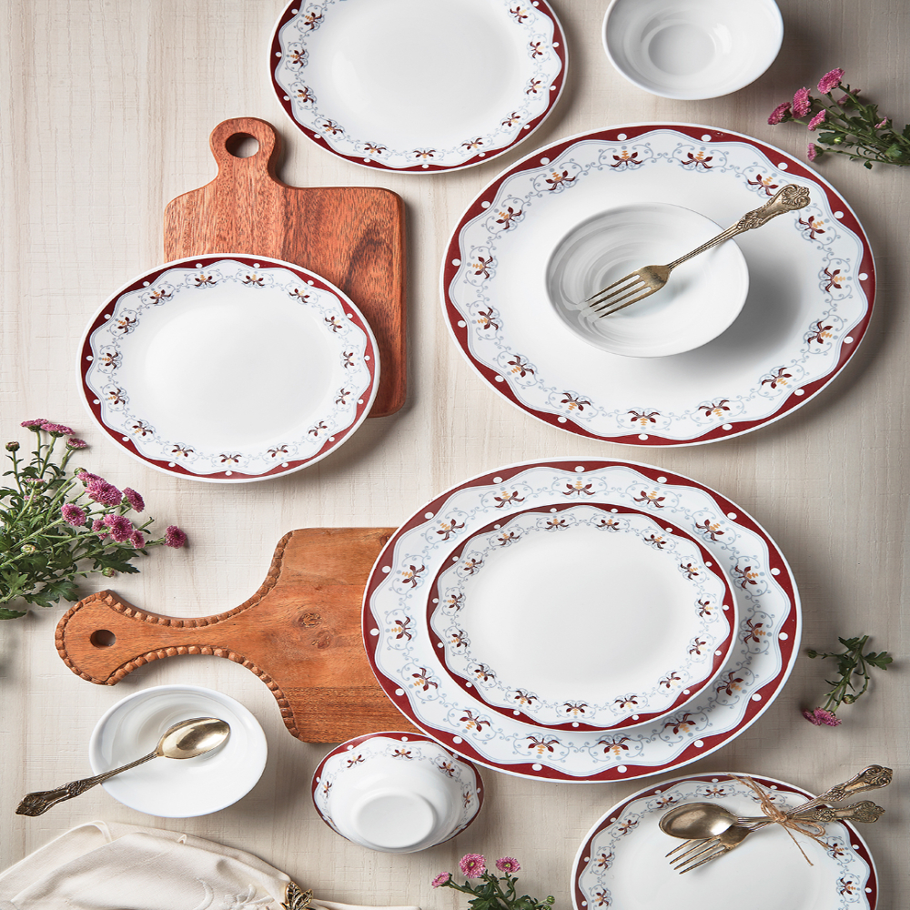 Larah by Borosil - Tiara Series, Royal Brown, 13 Pcs, Opalware Dinner Set, White