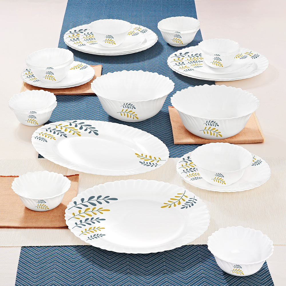 Larah by Borosil Niva Fluted Series Opalware Dinner Set | 27 Pieces for Family of 6 | Microwave & Dishwasher Safe | Bone-Ash Free | Crockery Set for Dining & Gifting | Plates & Bowls | White