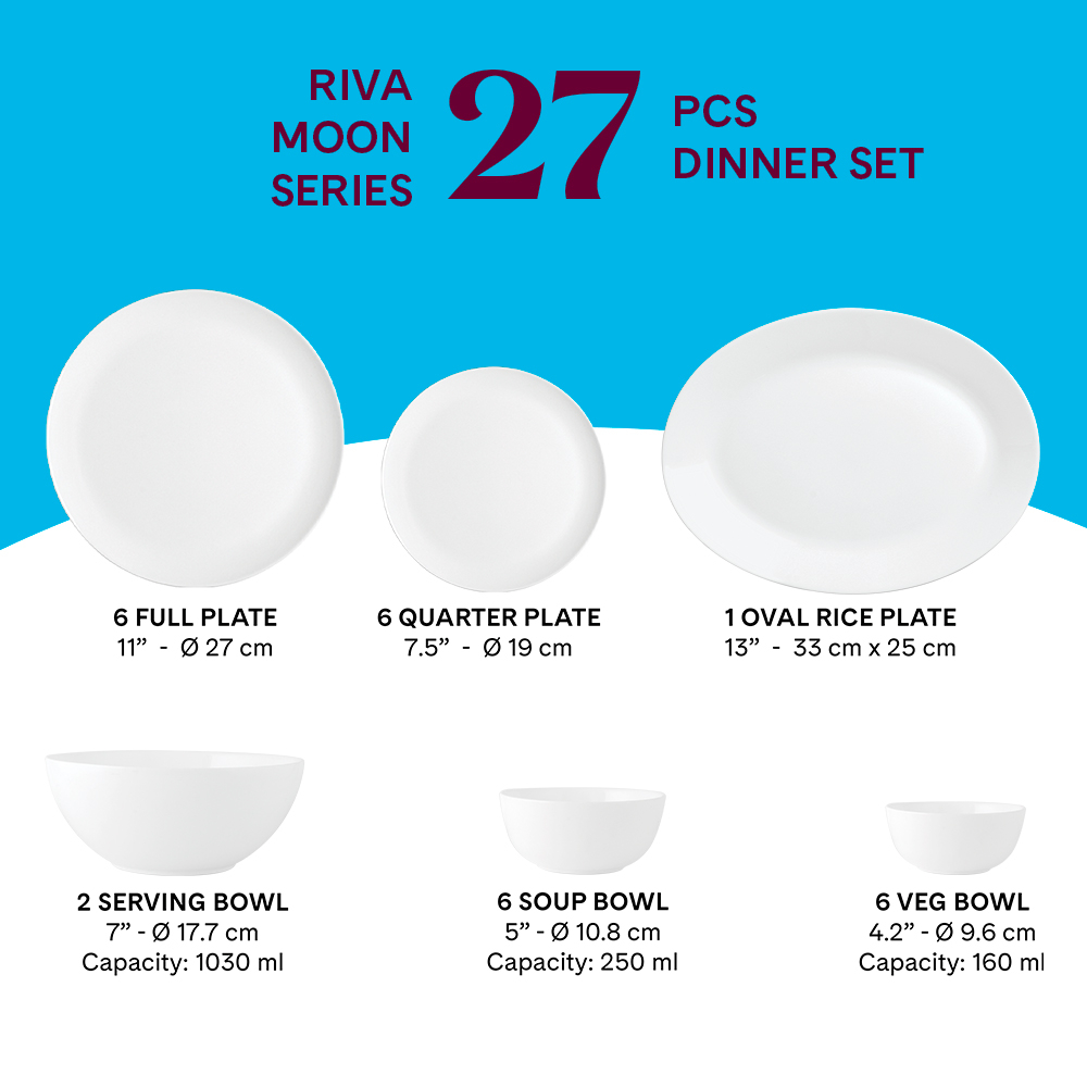 Larah By Borosil Moon Riva Dinner Set - 27 Pcs, Opal Glass Dinner Plates & Bowls Crockery Set for Dinning, White