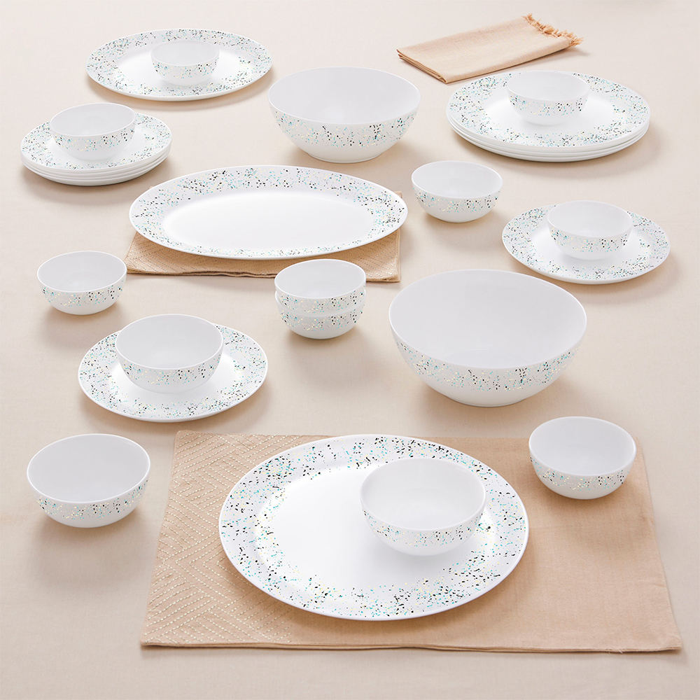 Larah By Borosil Moon Riva Dinner Set - 27 Pcs, Opal Glass Dinner Plates & Bowls Crockery Set for Dinning, White