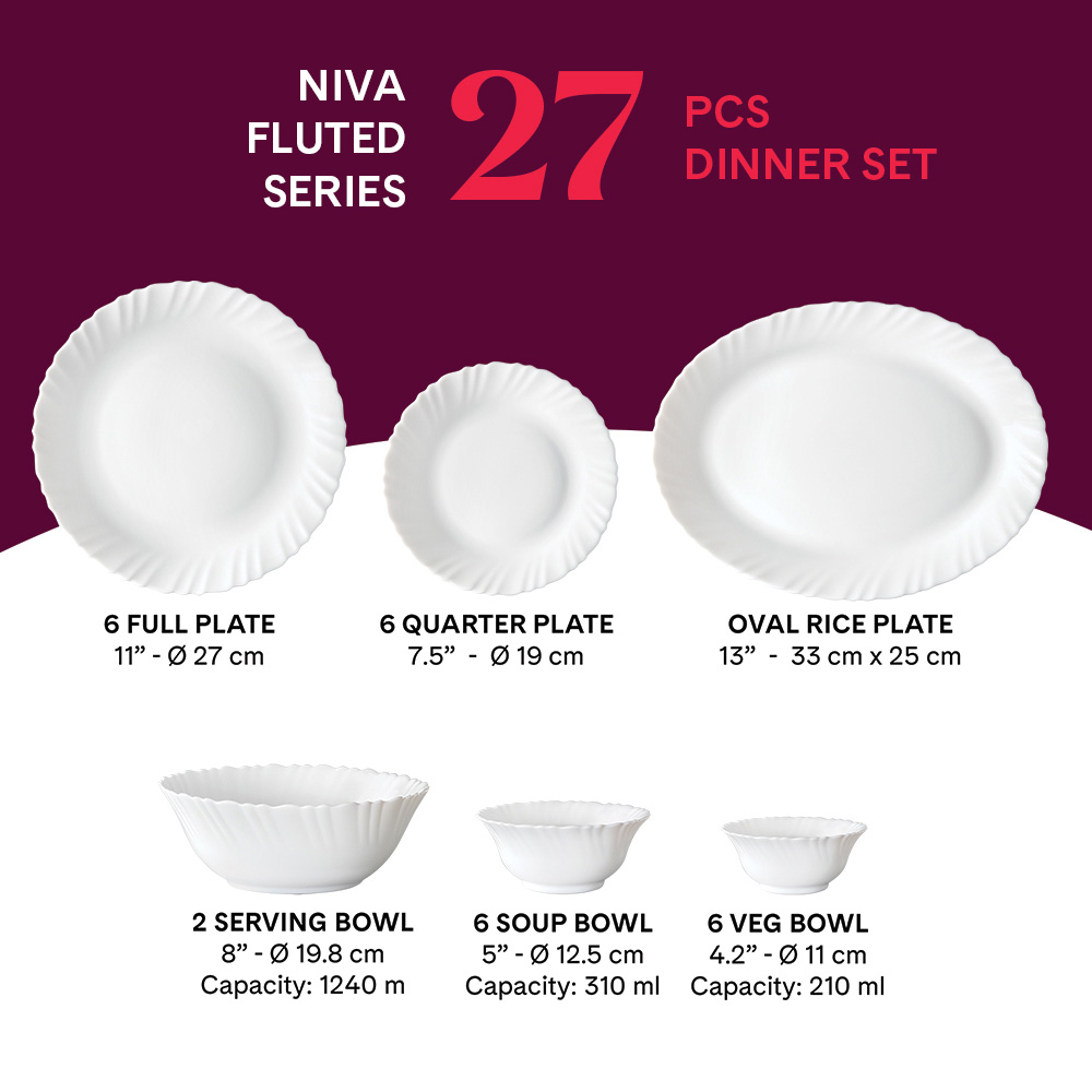 Larah by Borosil Niva Fluted Series Opalware Dinner Set | 27 Pieces for Family of 6 | Microwave & Dishwasher Safe | Bone-Ash Free | Crockery Set for Dining & Gifting | Plates & Bowls | White