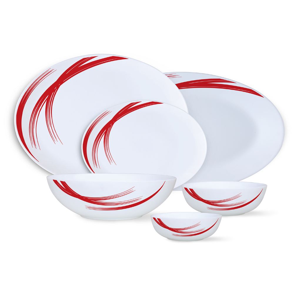 Larah by Borosil - Moon Series, Red Stella 21 Pieces Opalware Dinner Set, White