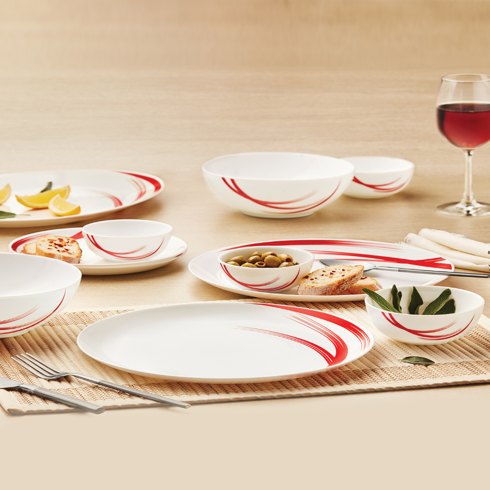 Larah by Borosil - Moon Series, Red Stella 21 Pieces Opalware Dinner Set, White