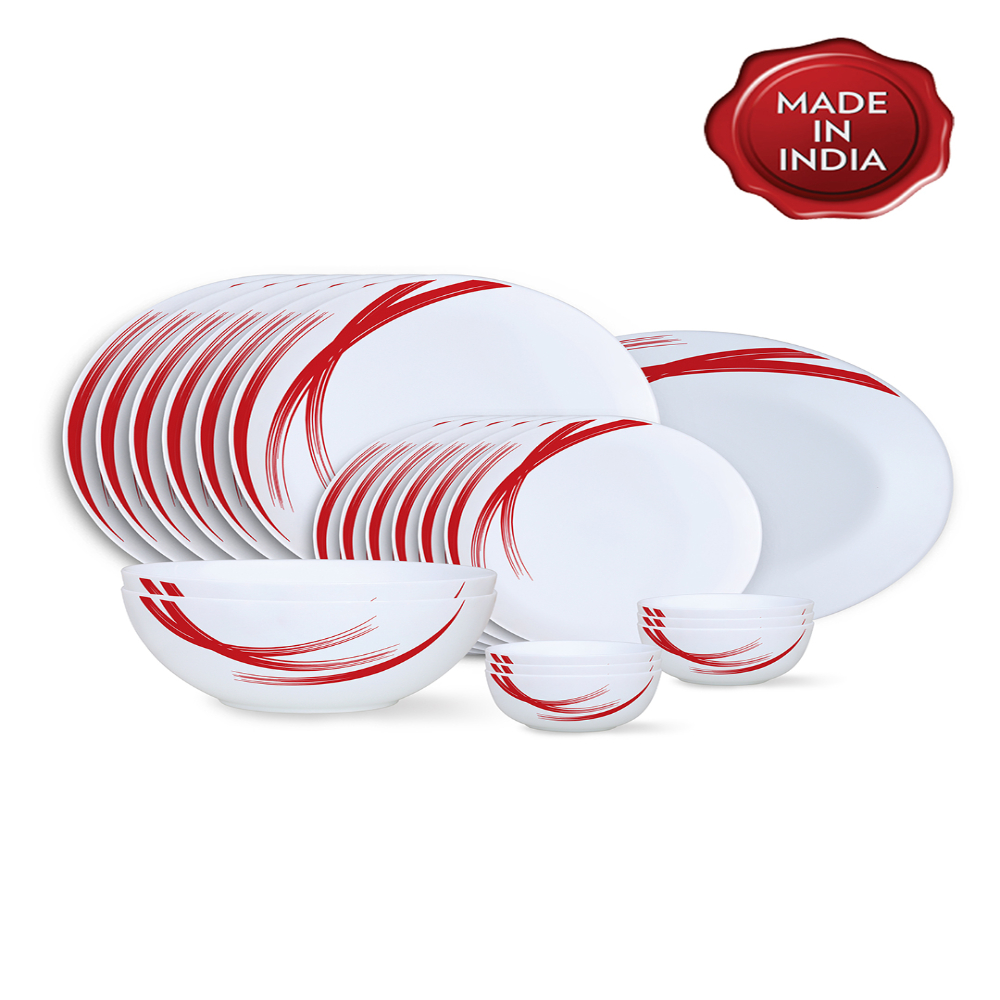 Larah by Borosil - Moon Series, Red Stella 21 Pieces Opalware Dinner Set, White