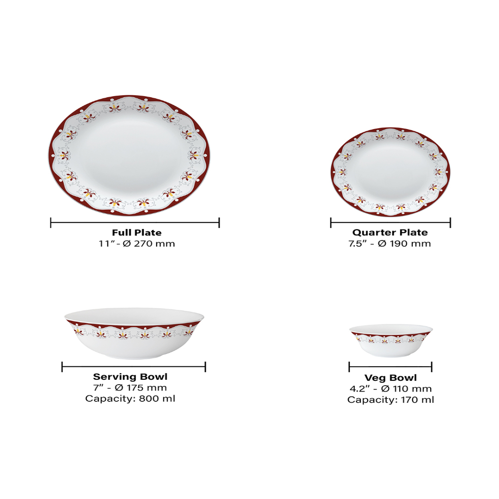 Larah by Borosil - Tiara Series, Royal Brown, 13 Pcs, Opalware Dinner Set, White