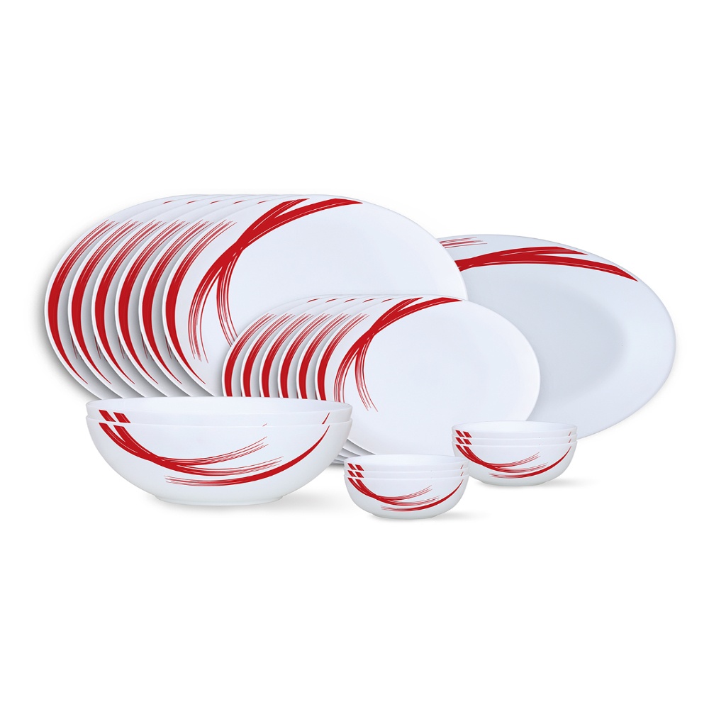 Larah by Borosil - Moon Series, Red Stella 21 Pieces Opalware Dinner Set, White