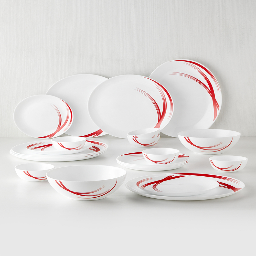 Larah by Borosil - Moon Series, Red Stella 21 Pieces Opalware Dinner Set, White