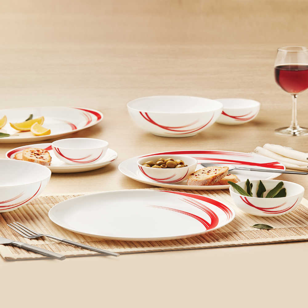 Larah by Borosil - Moon Series, Red Stella 27 Pieces Opalware Dinner Set, White