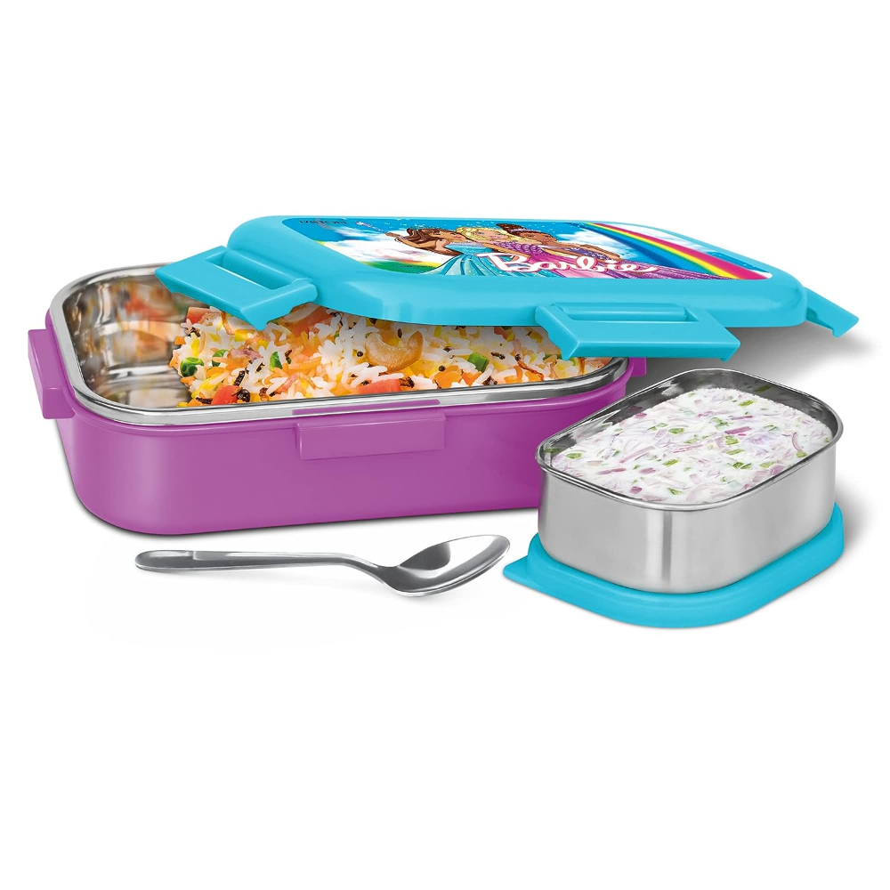 MILTON Flatmate Barbie Inner Stainless Steel Tiffin Box, 700 ml, with Inner Stainless Steel Container, 200 ml and Spoon, Purple