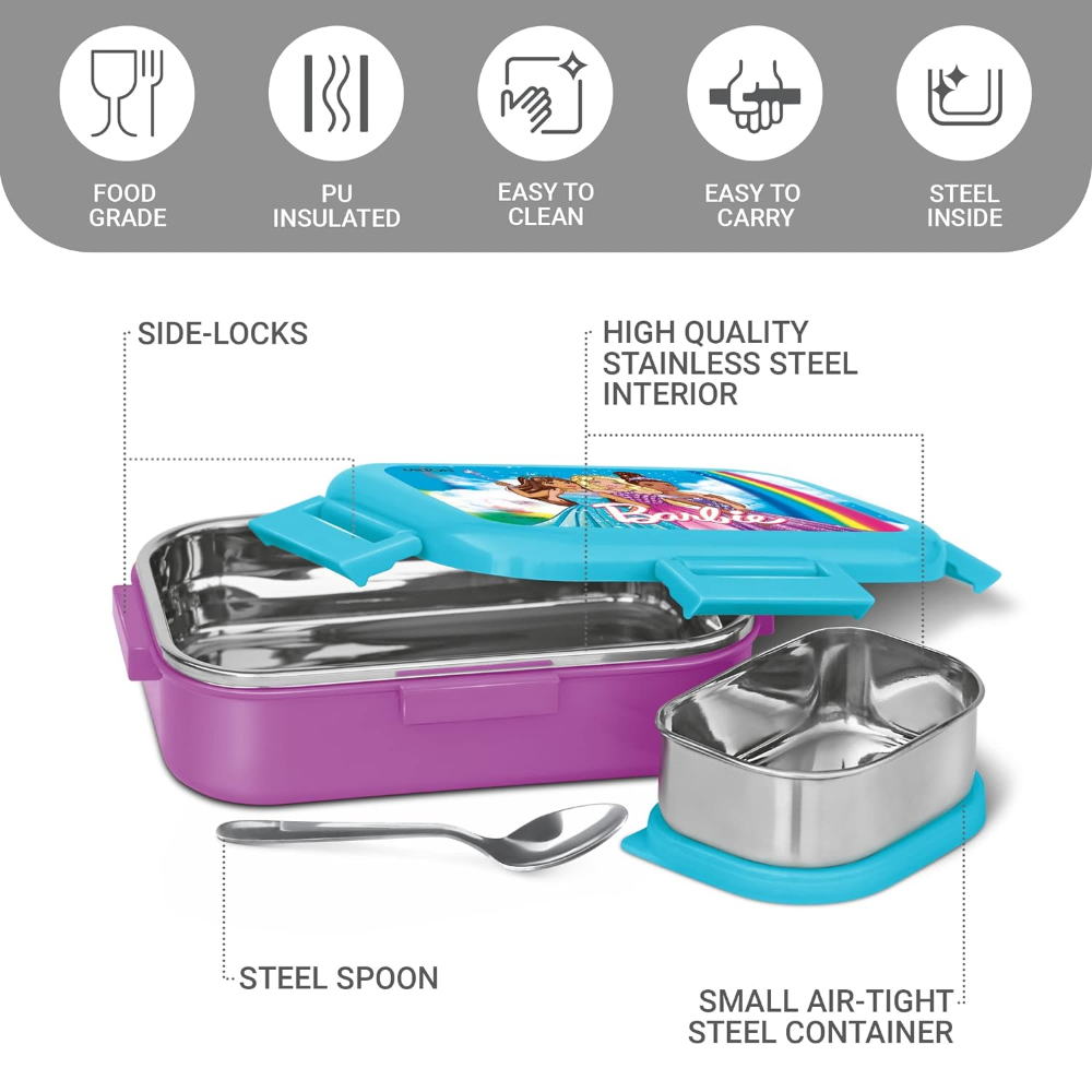 MILTON Flatmate Barbie Inner Stainless Steel Tiffin Box, 700 ml, with Inner Stainless Steel Container, 200 ml and Spoon, Purple