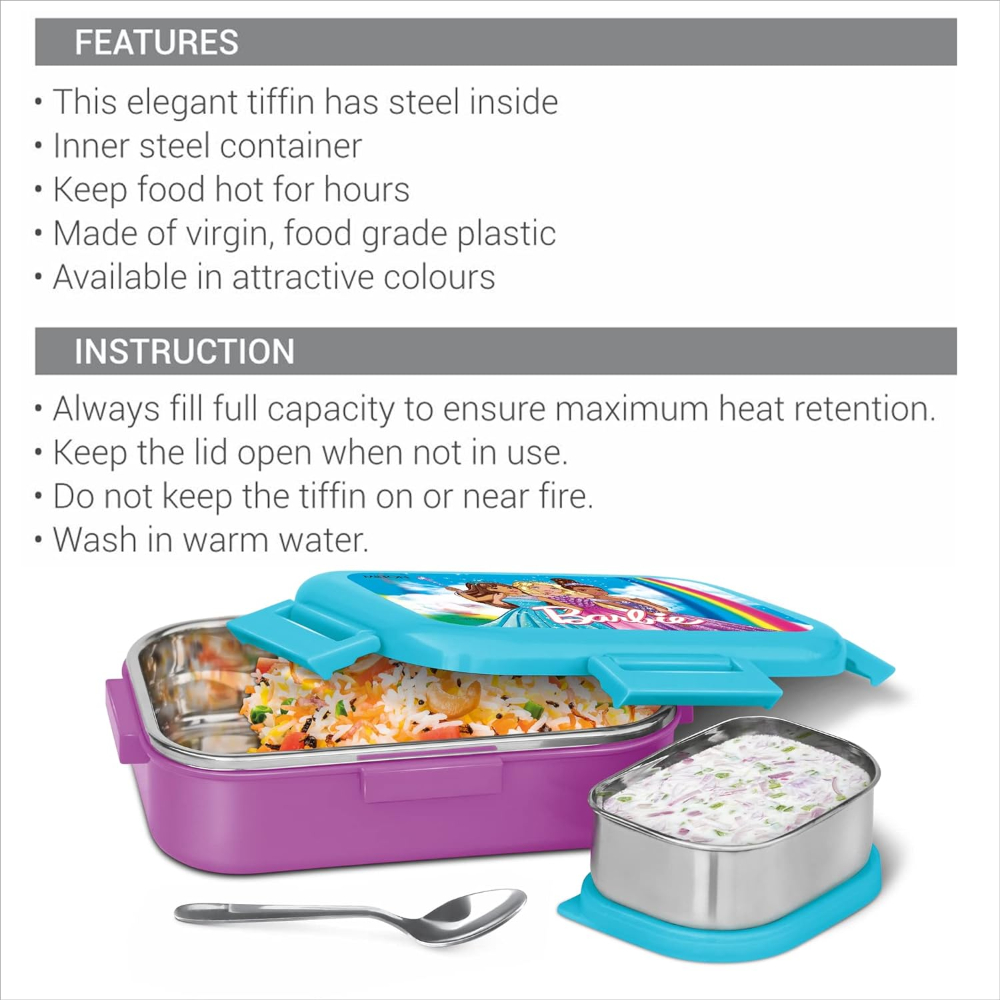 MILTON Flatmate Barbie Inner Stainless Steel Tiffin Box, 700 ml, with Inner Stainless Steel Container, 200 ml and Spoon, Purple