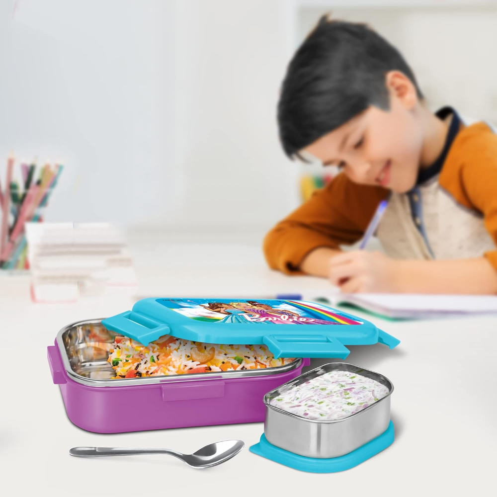 MILTON Flatmate Barbie Inner Stainless Steel Tiffin Box, 700 ml, with Inner Stainless Steel Container, 200 ml and Spoon, Purple