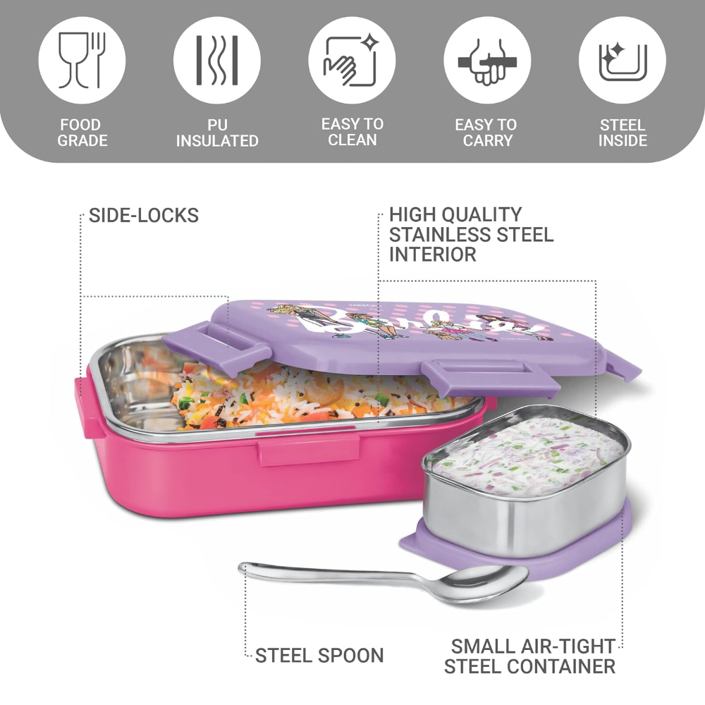 MILTON Flatmate Barbie Inner Stainless Steel Tiffin Box, 700 ml, with Inner Stainless Steel Container, 200 ml and Spoon, Cherry Pink