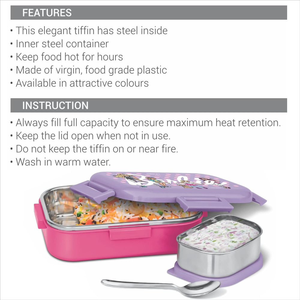 MILTON Flatmate Barbie Inner Stainless Steel Tiffin Box, 700 ml, with Inner Stainless Steel Container, 200 ml and Spoon, Cherry Pink