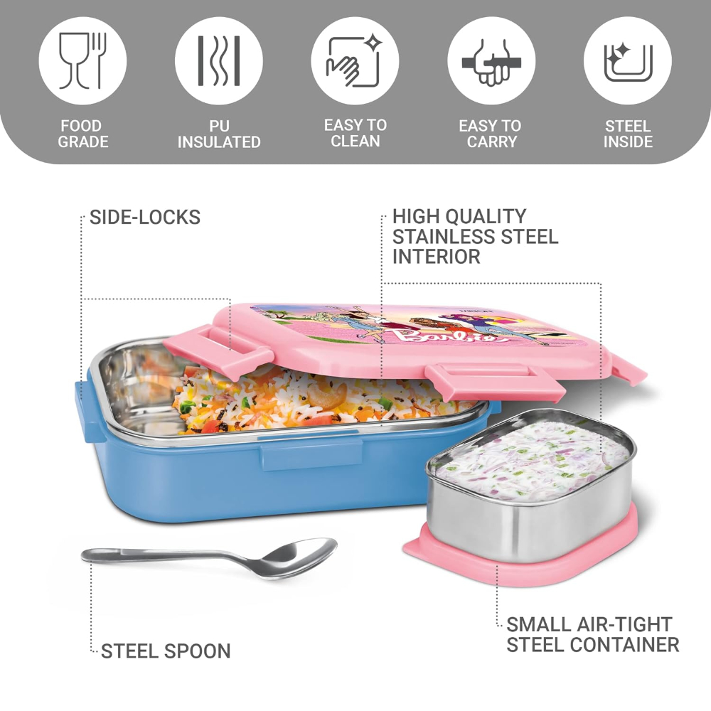 MILTON Flatmate Barbie Inner Stainless Steel Tiffin Box, 700 ml, with Inner Stainless Steel Container, 200 ml and Spoon, Blue