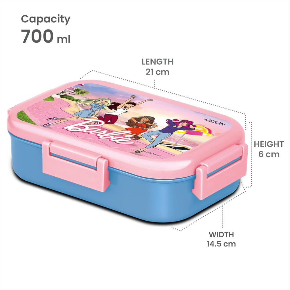 MILTON Flatmate Barbie Inner Stainless Steel Tiffin Box, 700 ml, with Inner Stainless Steel Container, 200 ml and Spoon, Blue