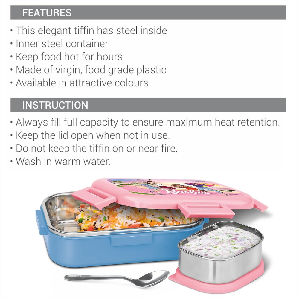 MILTON Flatmate Barbie Inner Stainless Steel Tiffin Box, 700 ml, with Inner Stainless Steel Container, 200 ml and Spoon, Blue