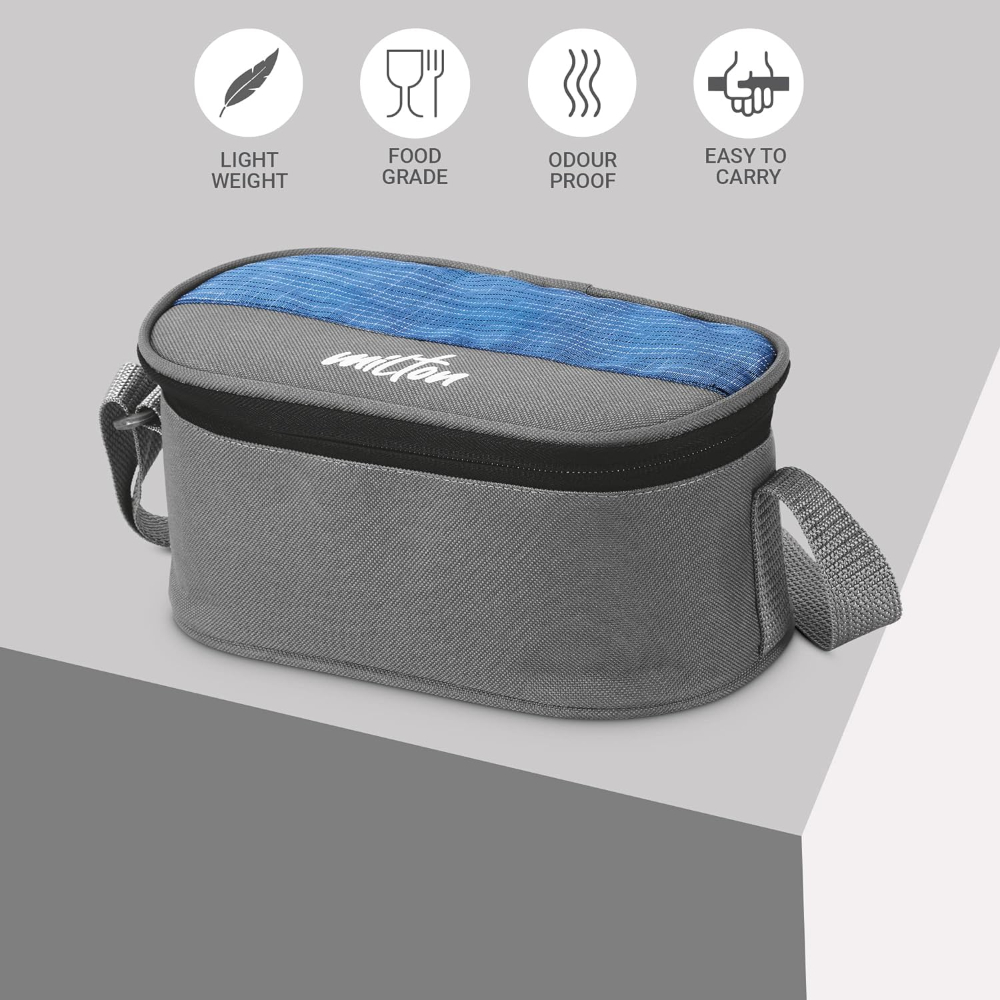 MILTON Master Stainless Steel Lunch Box (Oval Container, 450ml; 2 Leak Proof Round Container, 280 ml; Spoon & Fork) with Insulated Jacket, Blue