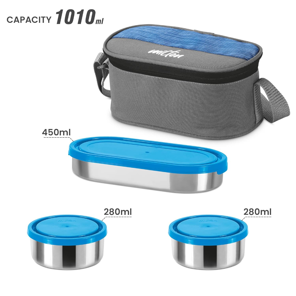 MILTON Master Stainless Steel Lunch Box (Oval Container, 450ml; 2 Leak Proof Round Container, 280 ml; Spoon & Fork) with Insulated Jacket, Blue