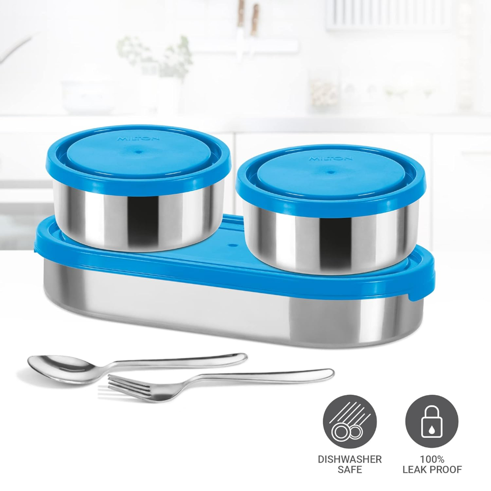 MILTON Master Stainless Steel Lunch Box (Oval Container, 450ml; 2 Leak Proof Round Container, 280 ml; Spoon & Fork) with Insulated Jacket, Blue