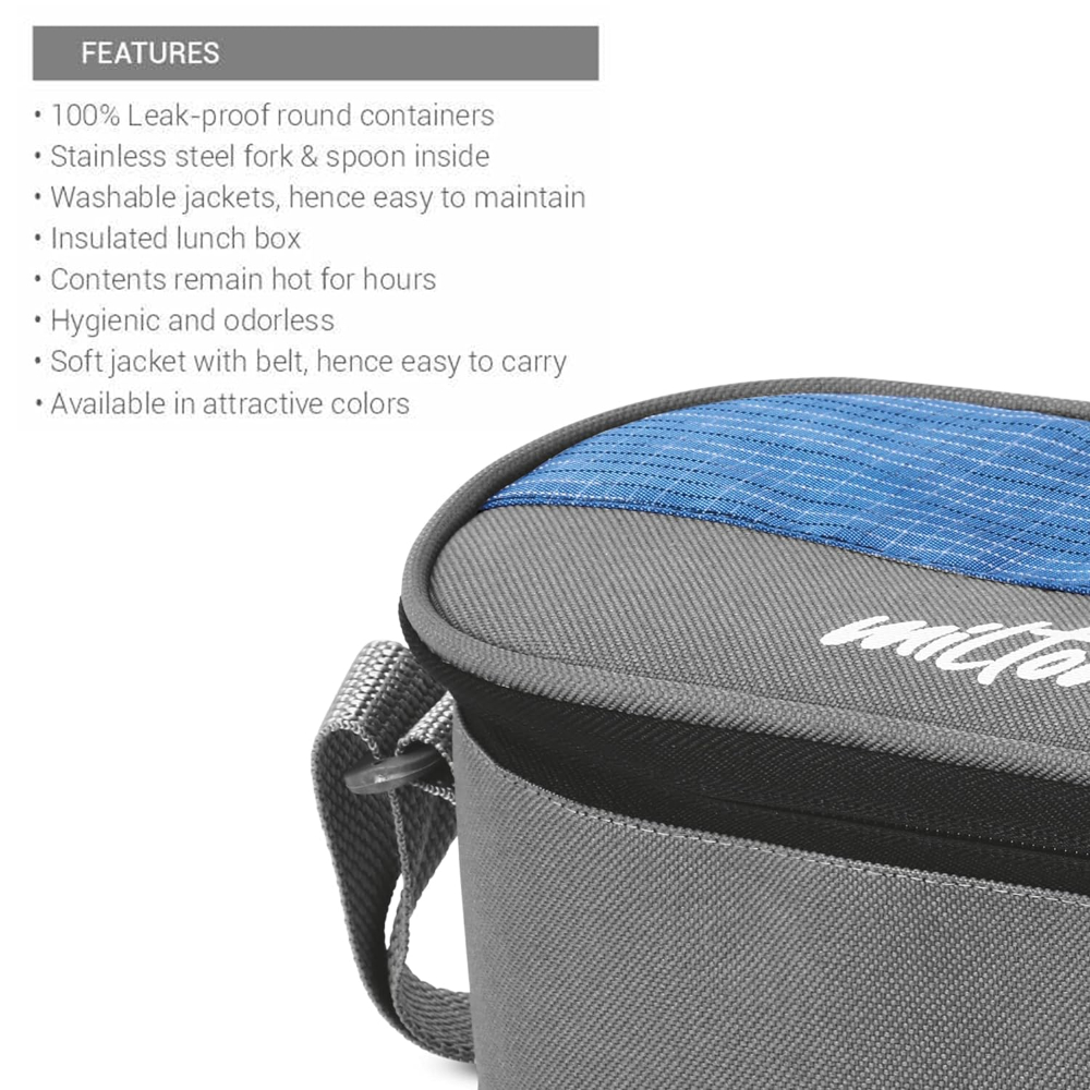 MILTON Master Stainless Steel Lunch Box (Oval Container, 450ml; 2 Leak Proof Round Container, 280 ml; Spoon & Fork) with Insulated Jacket, Blue