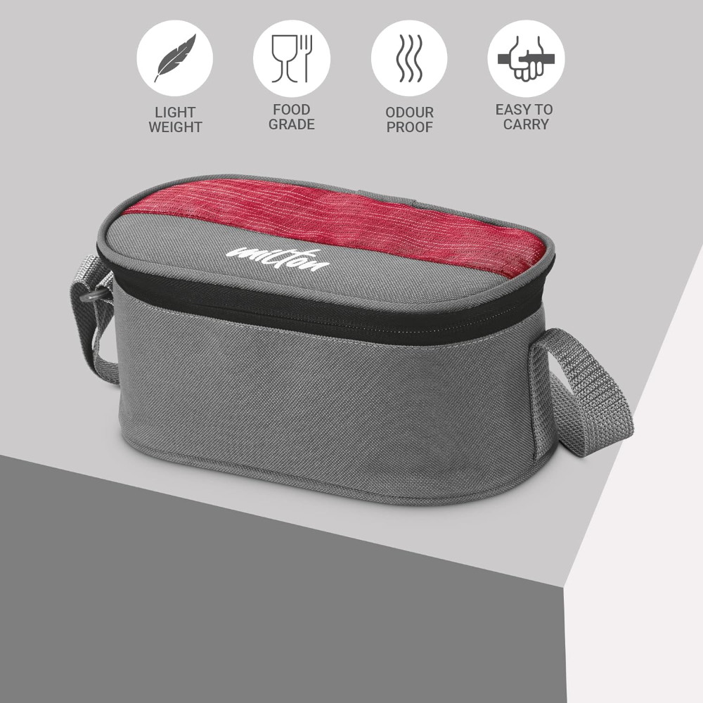 MILTON Master Stainless Steel Lunch Box (Oval Container, 450ml; 2 Leak Proof Round Container, 280 ml; Spoon & Fork) with Insulated Jacket, Red