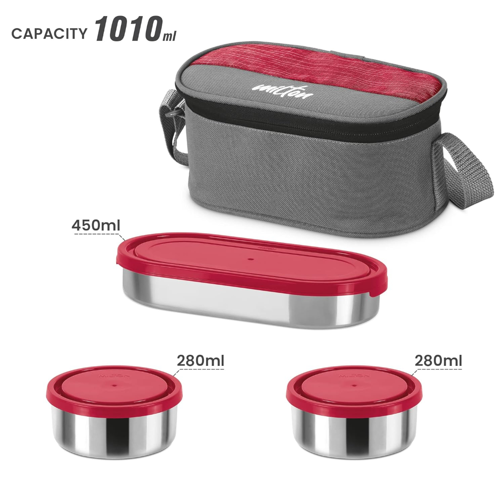 MILTON Master Stainless Steel Lunch Box (Oval Container, 450ml; 2 Leak Proof Round Container, 280 ml; Spoon & Fork) with Insulated Jacket, Red