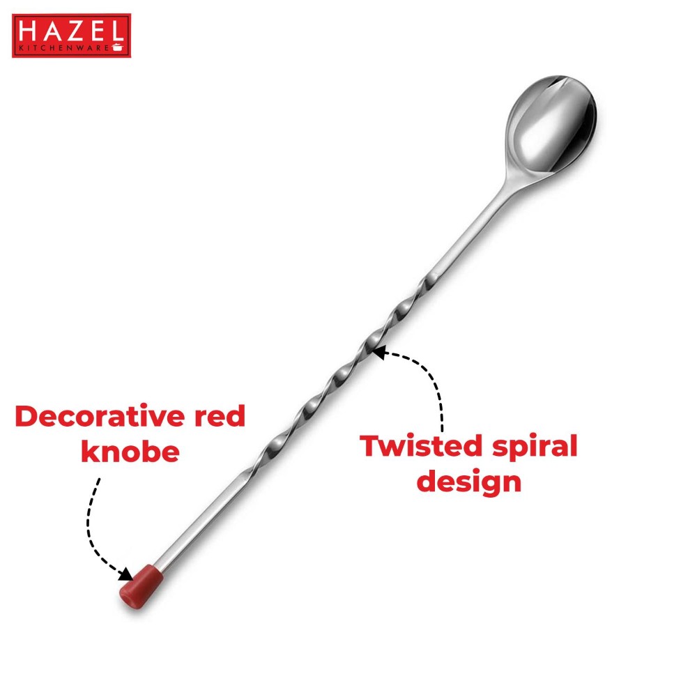 HAZEL Stainless Steel Bar Spoon | Teardrop Twisted Design Bar Stirrer With Red Knob, Set of 6