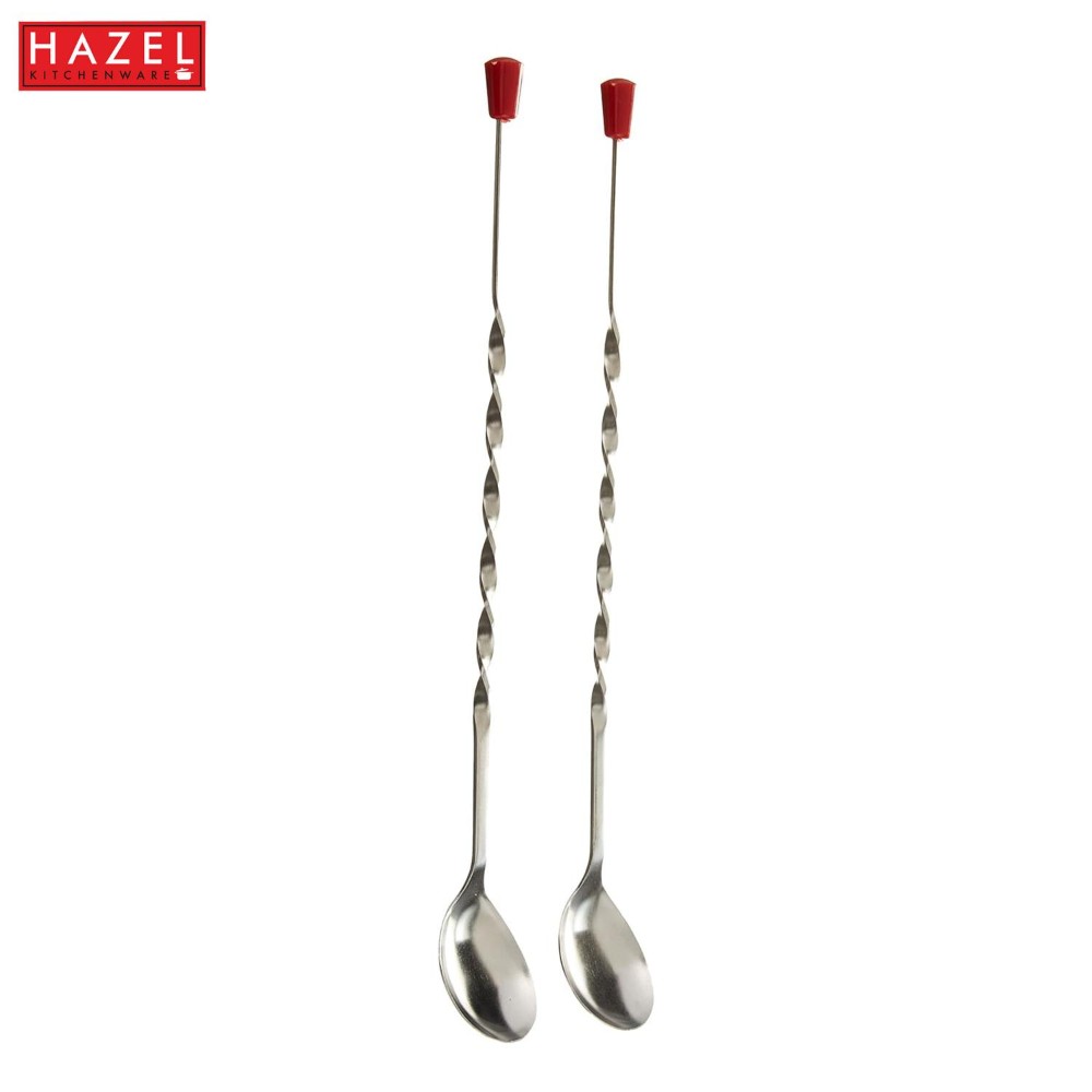 HAZEL Stainless Steel Bar Spoon | Teardrop Twisted Design Bar Stirrer With Red Knob, Set of 6