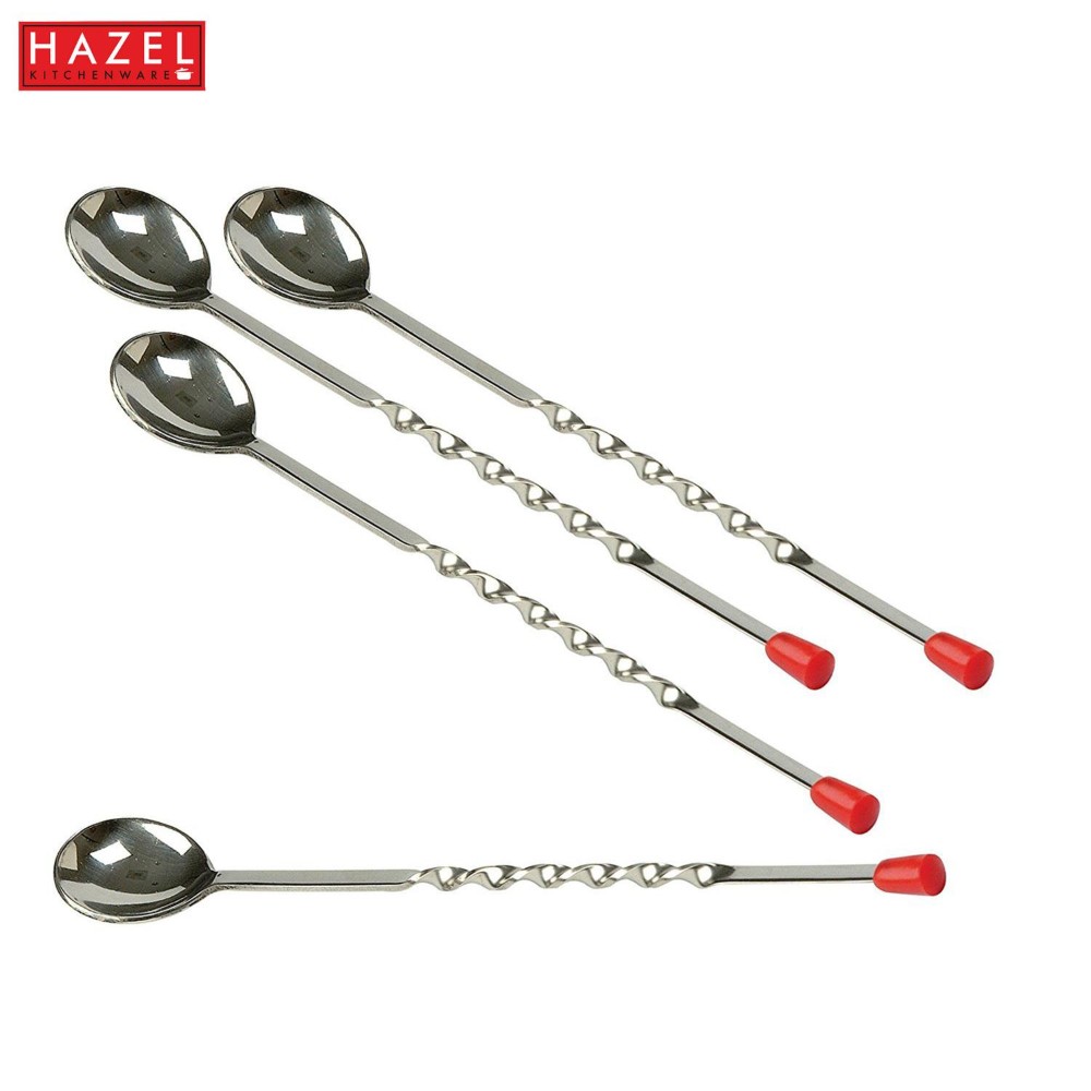 HAZEL Stainless Steel Bar Spoon | Teardrop Twisted Design Bar Stirrer With Red Knob, Set of 6