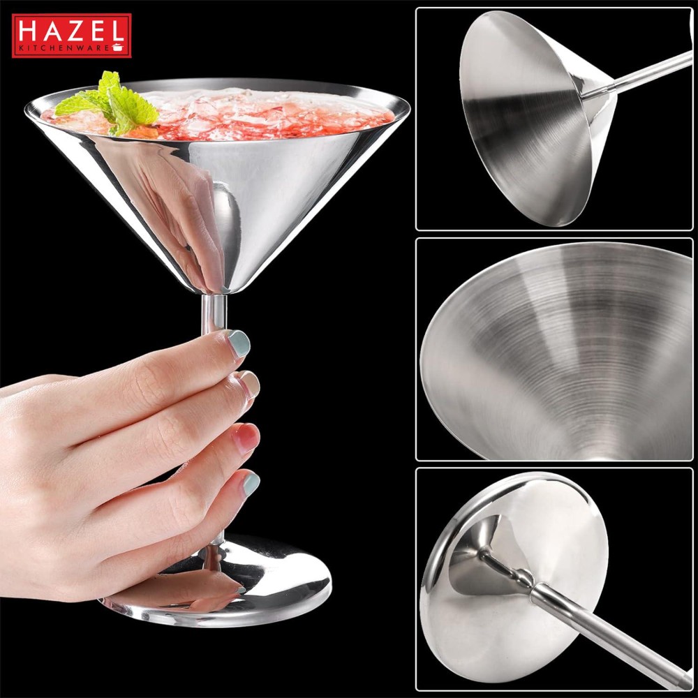 HAZEL Stainless Steel Martini Drinking Glass | Martini Glass for Serving, 200 ML, Silver