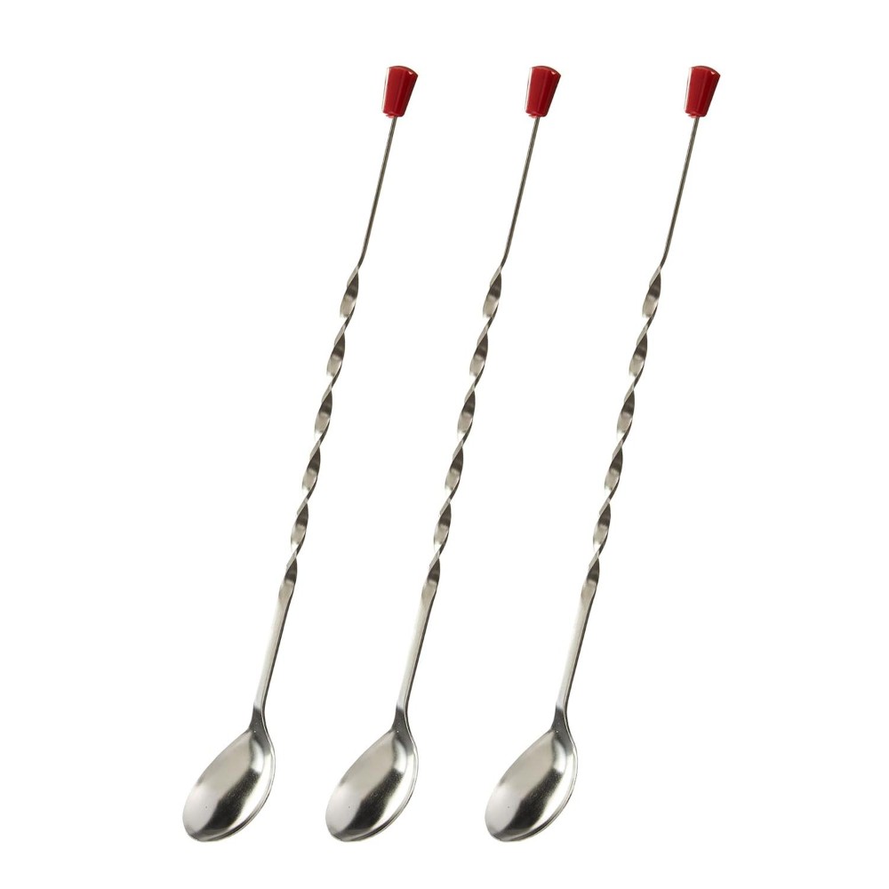 HAZEL Stainless Steel Bar Spoon | Teardrop Twisted Design Bar Stirrer With Red Knob, Set of 3