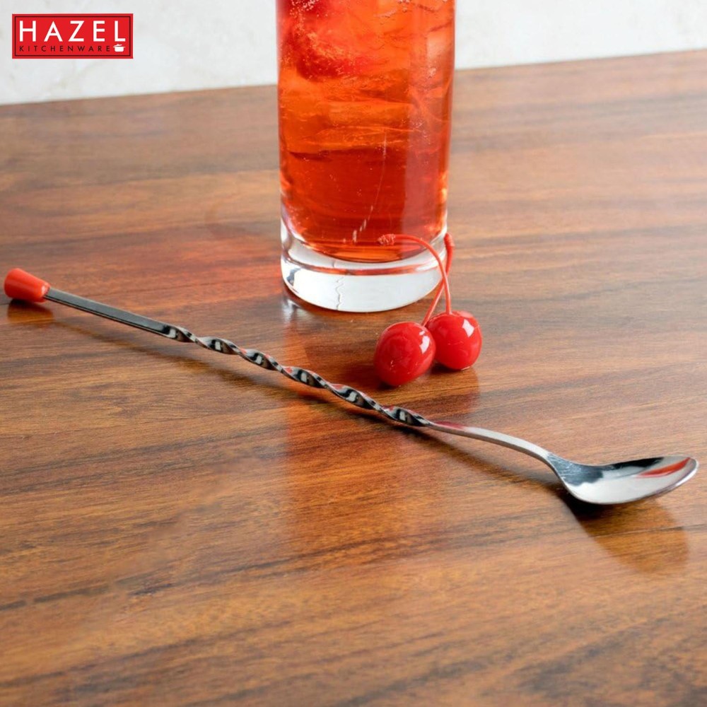 HAZEL Stainless Steel Bar Spoon | Teardrop Twisted Design Bar Stirrer With Red Knob, Set of 6
