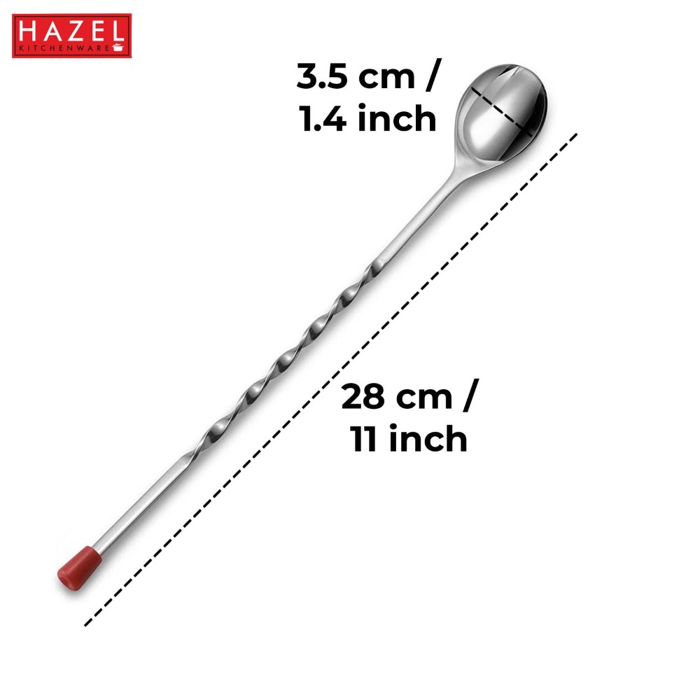 HAZEL Stainless Steel Bar Spoon | Teardrop Twisted Design Bar Stirrer With Red Knob, Set of 6