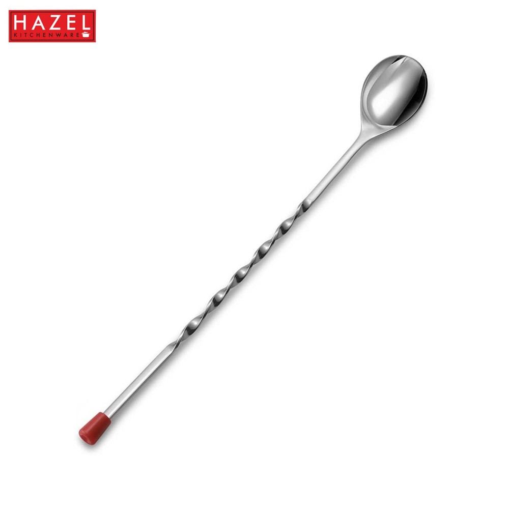 HAZEL Stainless Steel Bar Spoon | Teardrop Twisted Design Bar Stirrer With Red Knob, Set of 6