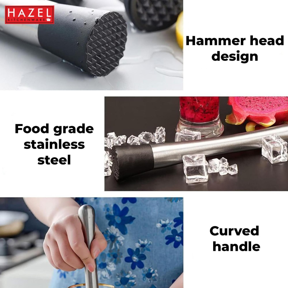 HAZEL Stainless Steel Cocktail Muddler | Bar Tools Muddle with Easy Grip