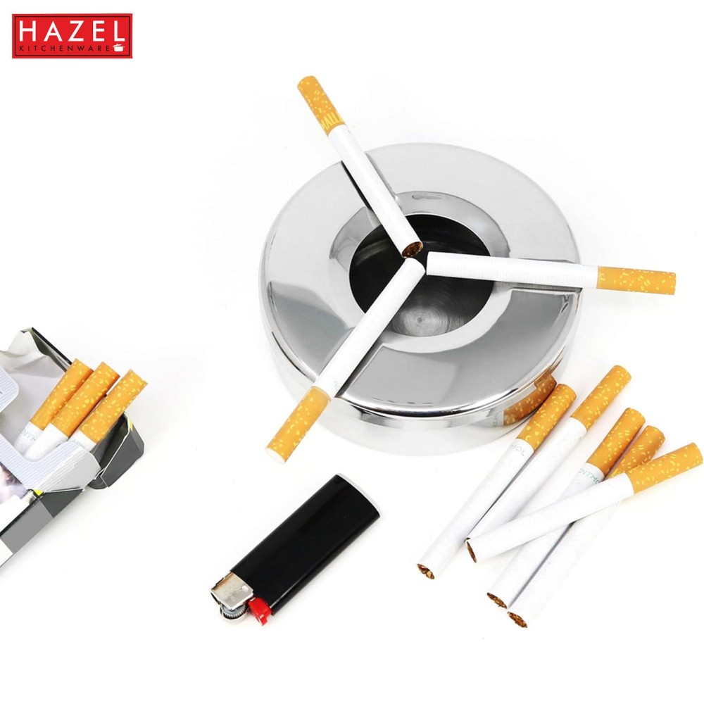 HAZEL Stainless Steel Ash Tray with Lid | Lid Ash Tray for Home, Silver