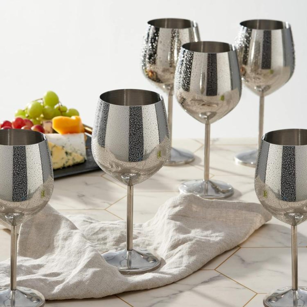 HAZEL Stainless Steel Goblet Wine Glass | Gin Goblets Glass for bar, 250 ML, Set of 6, Silver