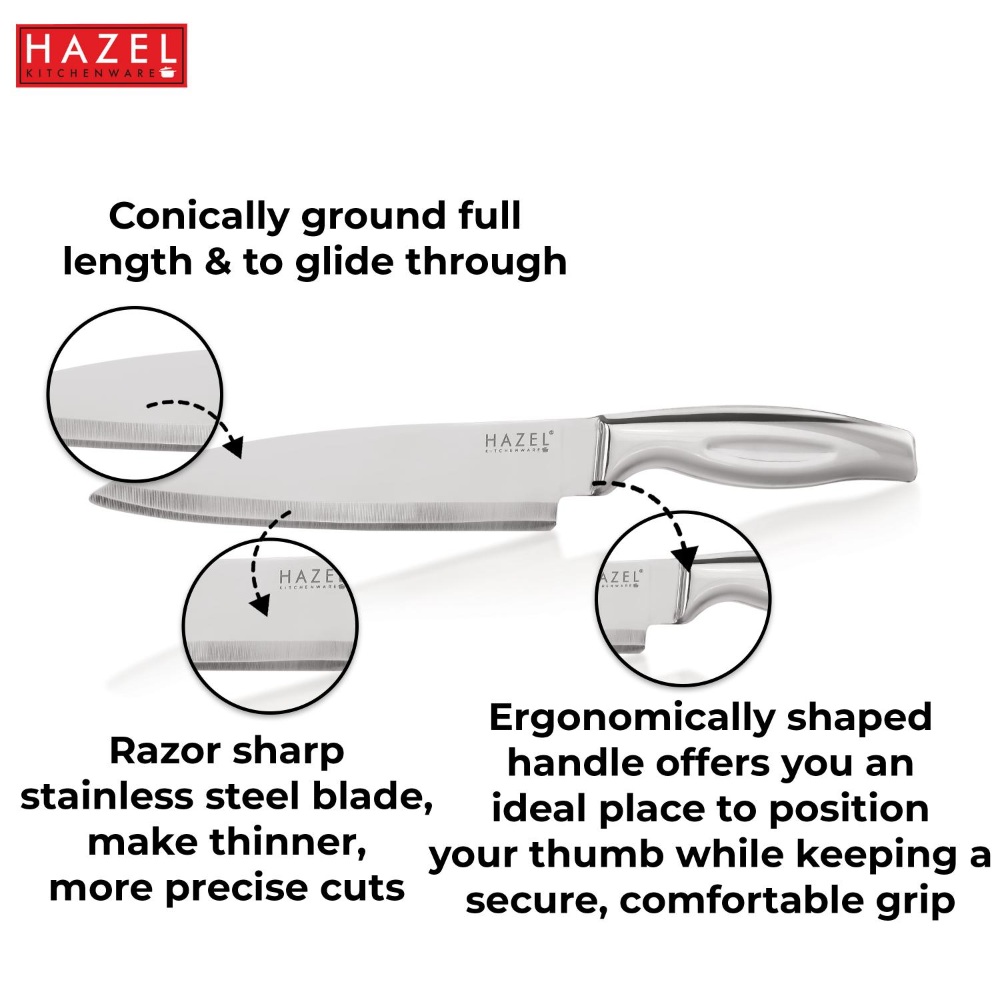 HAZEL Stainless Steel Sharp Chef Knife for Kitchen | Big Kitchen Knife with Handle, Silver