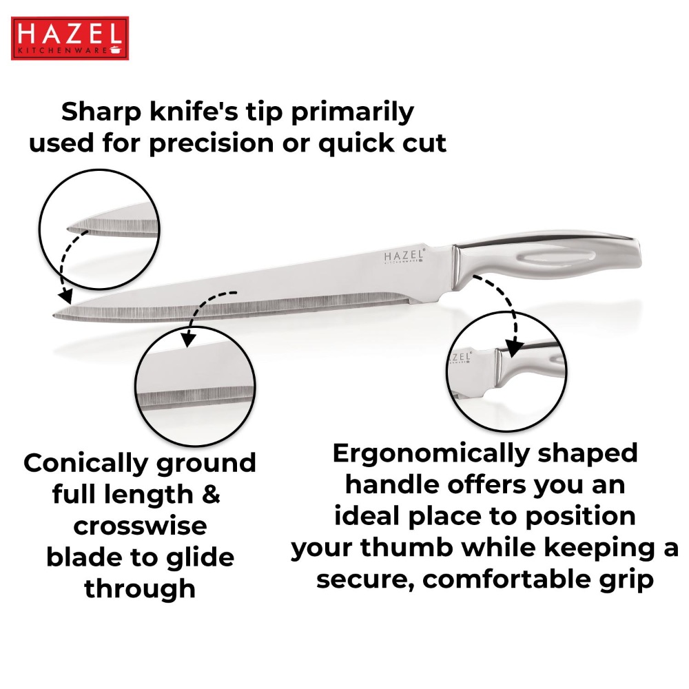 HAZEL Stainless Steel Sharp Carving Knife for Kitchen | Kitchen Knife with Handle, Silver