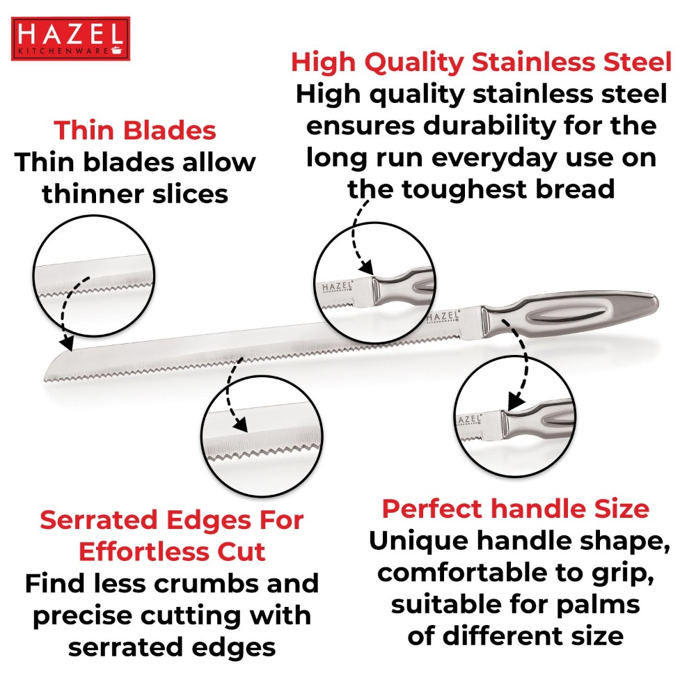 HAZEL Stainless Steel Bread Knife for Cutting | Serrated Knife for Bread, Silver