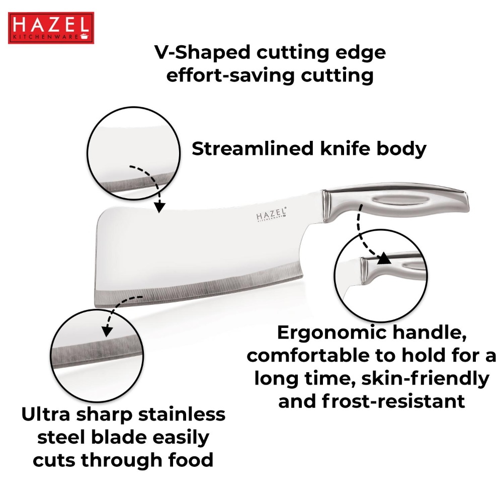 HAZEL Stainless Steel Sharp Chopper Knife for Kitchen with Handle | Big Kitchen Knife, Silver