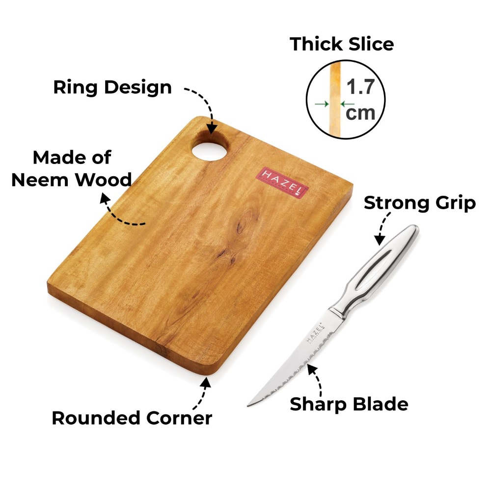 HAZEL Wooden Chopping Board for Kitchen with Stainless Steel Lesser Sharp knife, Set of 2