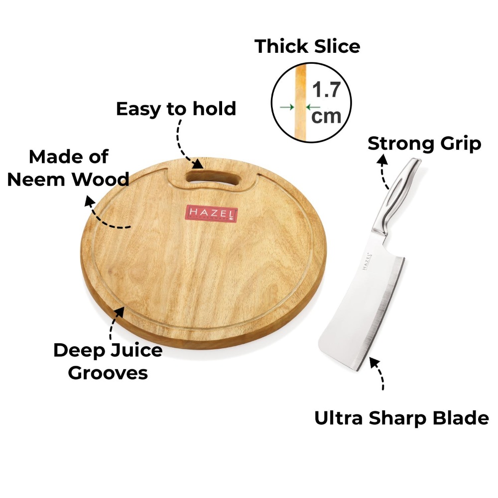 HAZEL Wooden Round Chopping Board for Kitchen with Stainless Steel Chopper Sharp knife, Set of 2