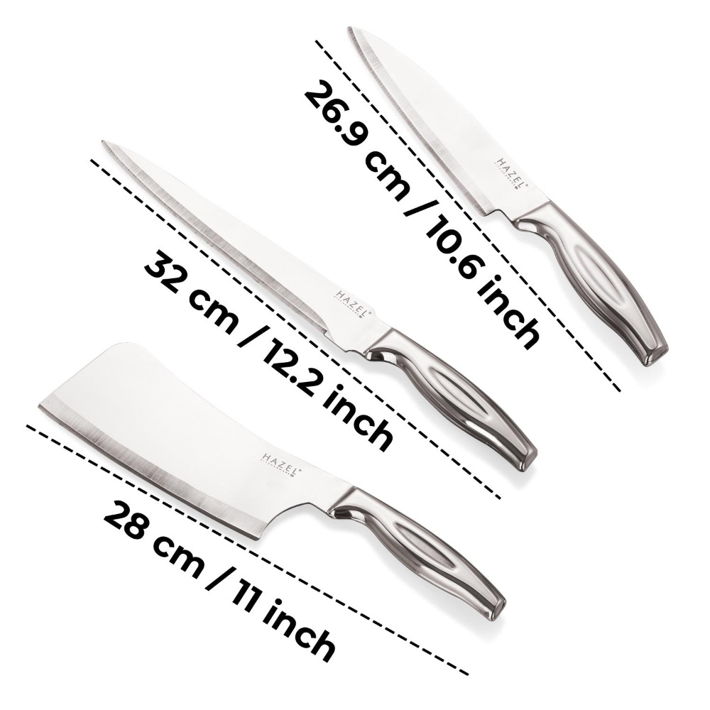 HAZEL Stainless Steel Sharp Kitchen knife Set of 4|Chef, Carving, Chopper Knife & Rect Chopping Board