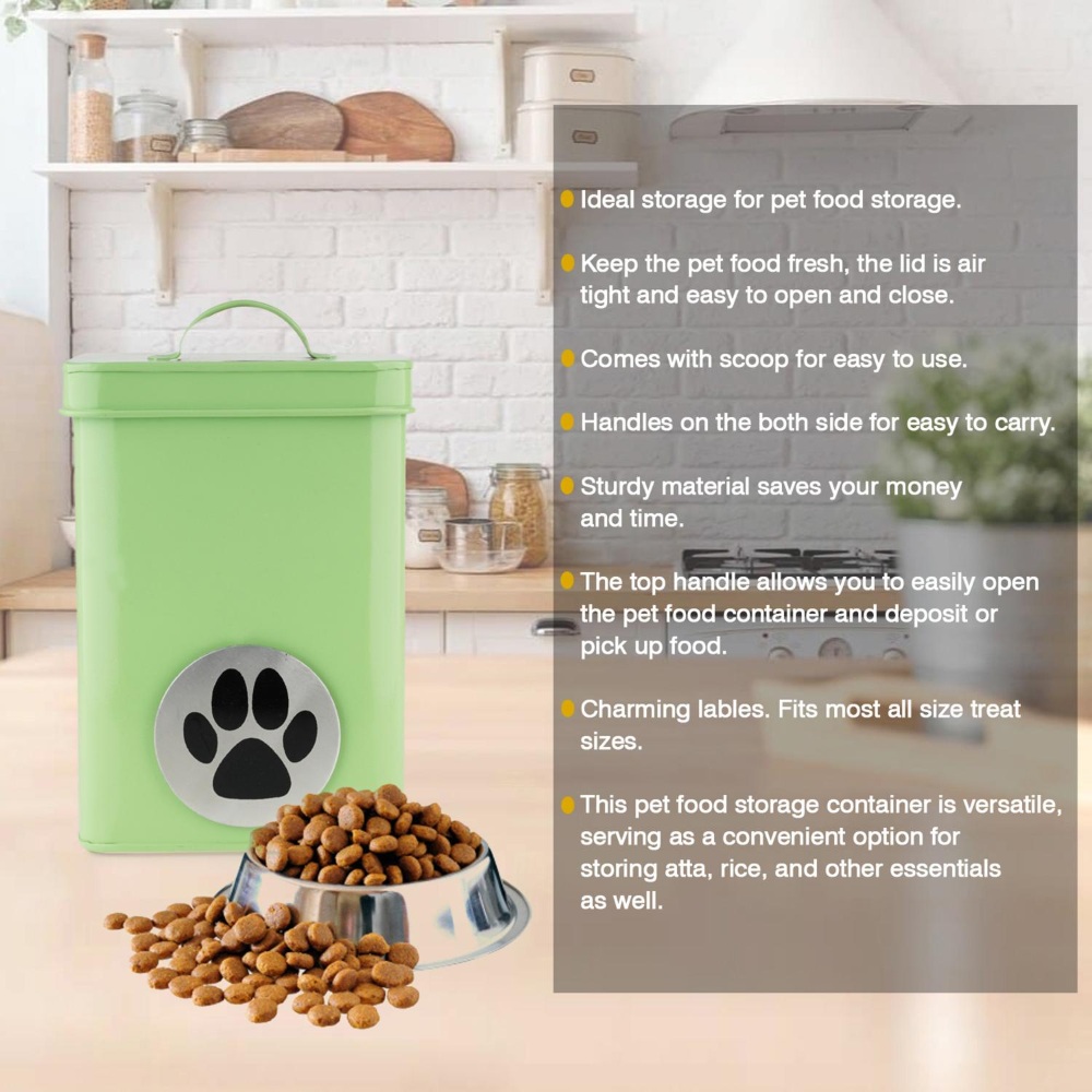 HAZEL Pet Food Container with Lid | Metal Multipurpose Containers for Cat food, Green, 3200 ML