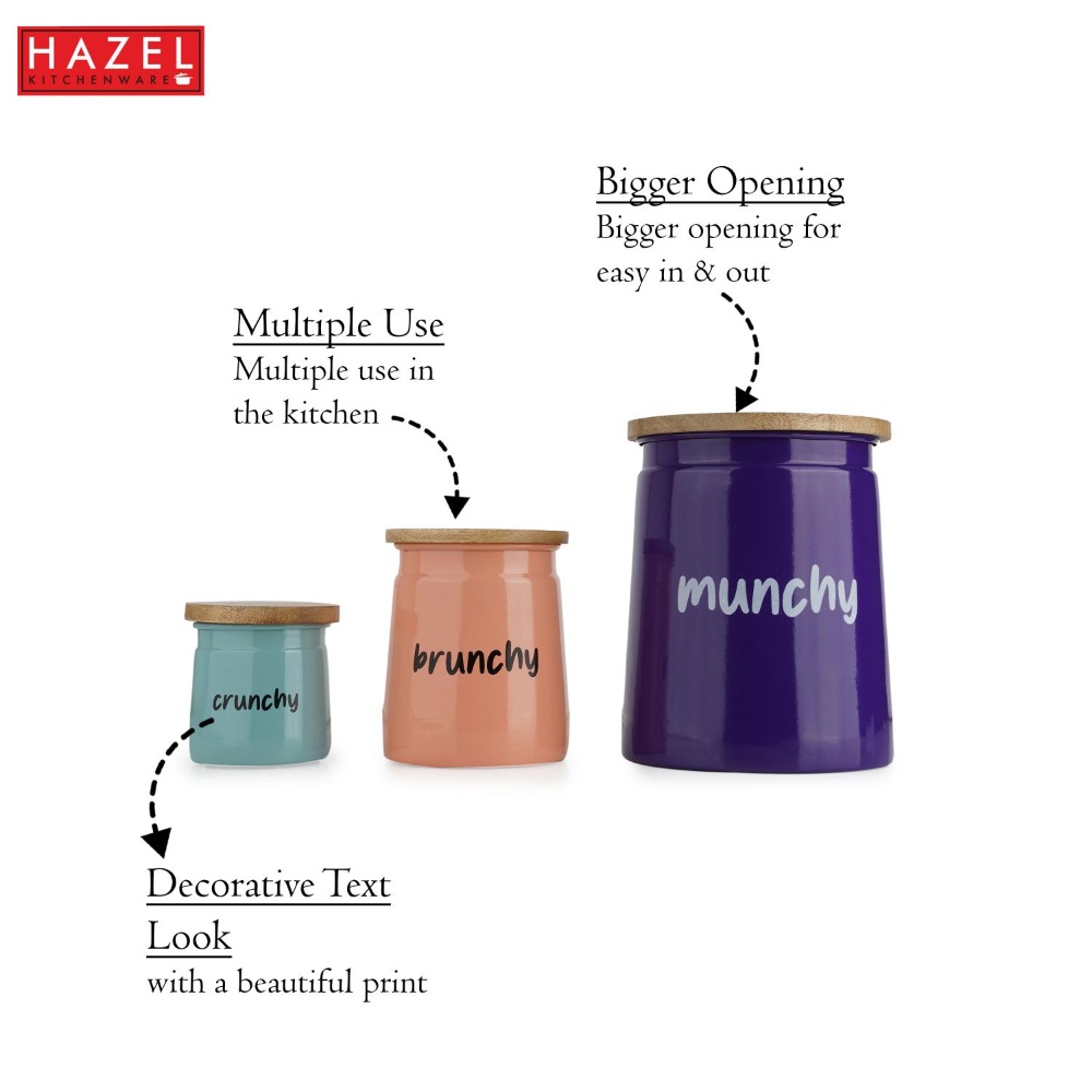 HAZEL Kitchen Containers set of 3 for Snacks | Munchy Brunchy Crunchy Snacks Jars Set with Lid, Purple, Peach & Teal, 2350 ML, 650 ML, 225 ML